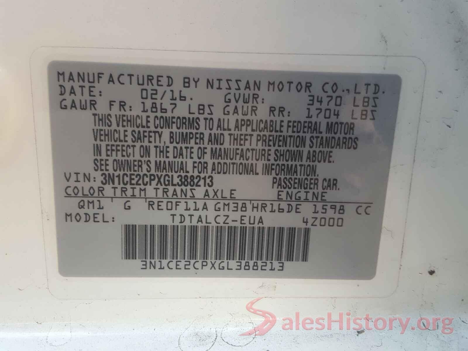 3N1CE2CPXGL388213 2016 NISSAN VERSA