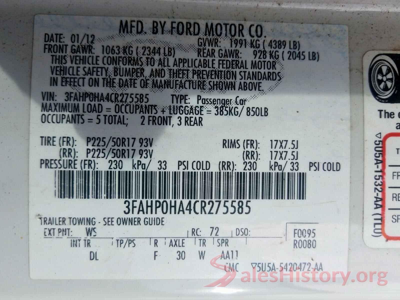 4T1B11HK6KU825047 2012 FORD FUSION