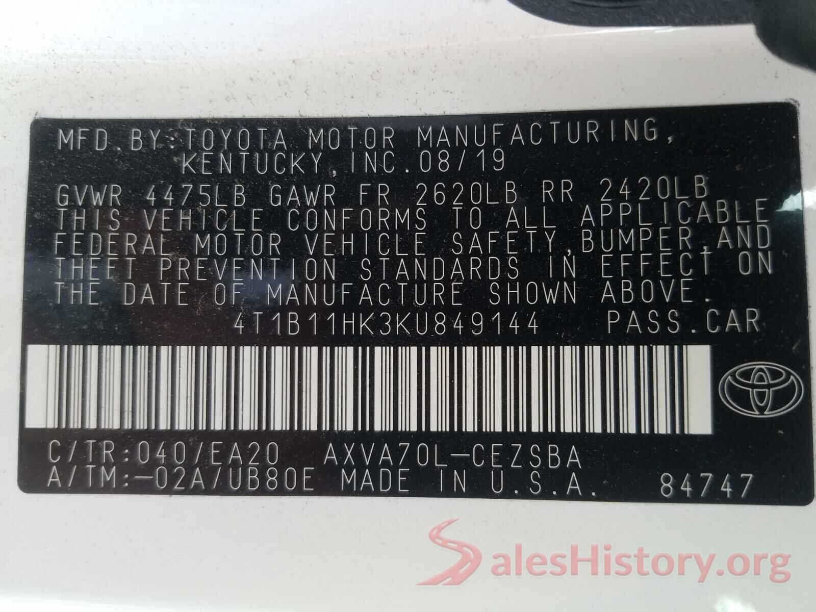 4T1B11HK3KU849144 2019 TOYOTA CAMRY