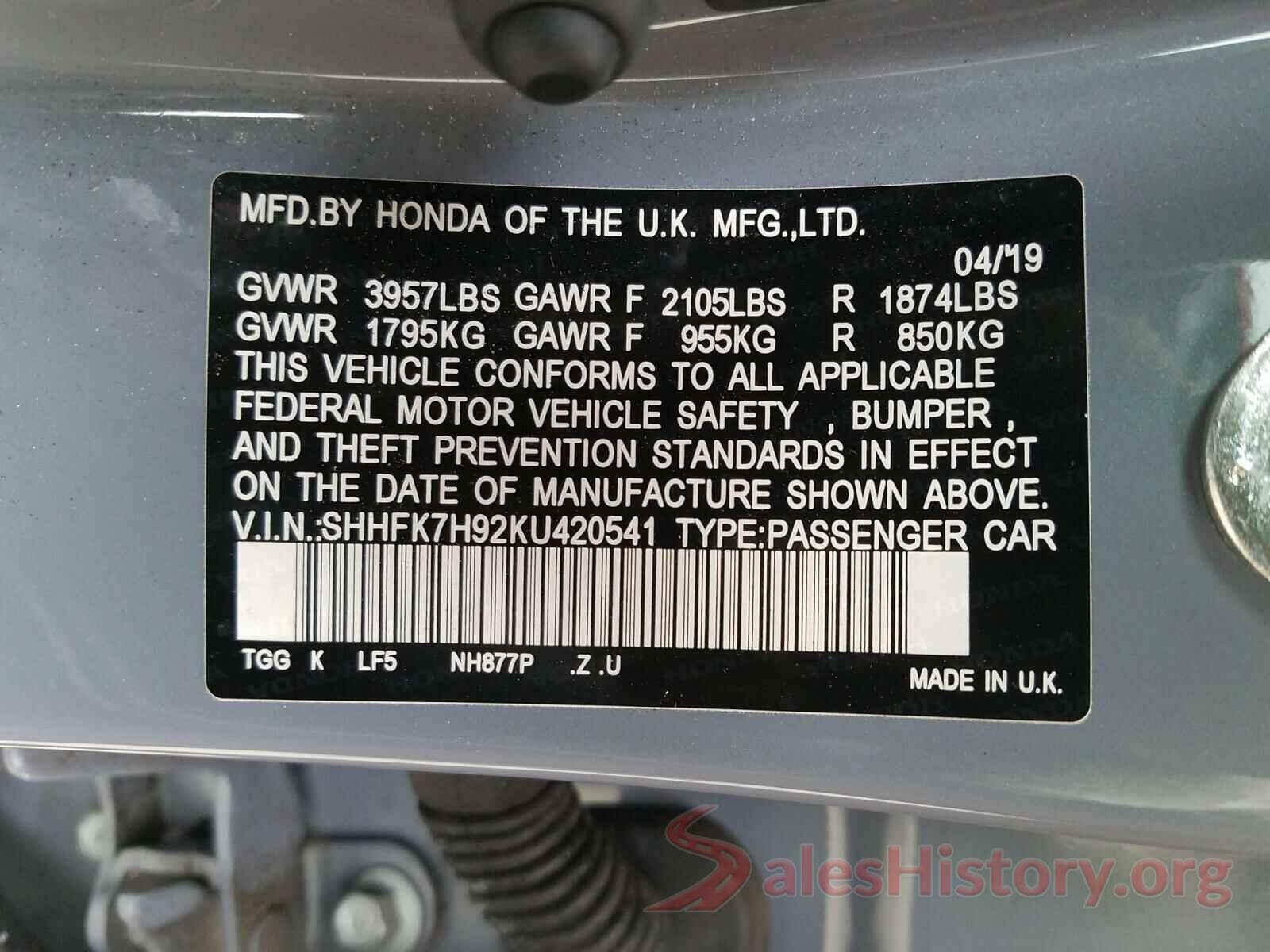 SHHFK7H92KU420541 2019 HONDA CIVIC