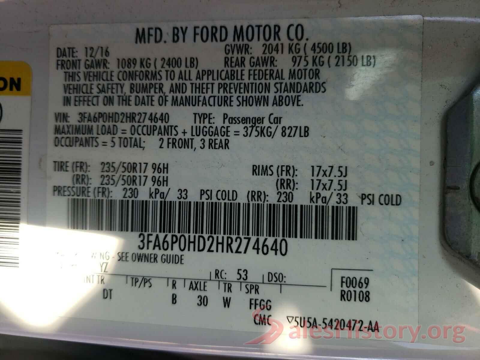 3FA6P0HD2HR274640 2017 FORD FUSION