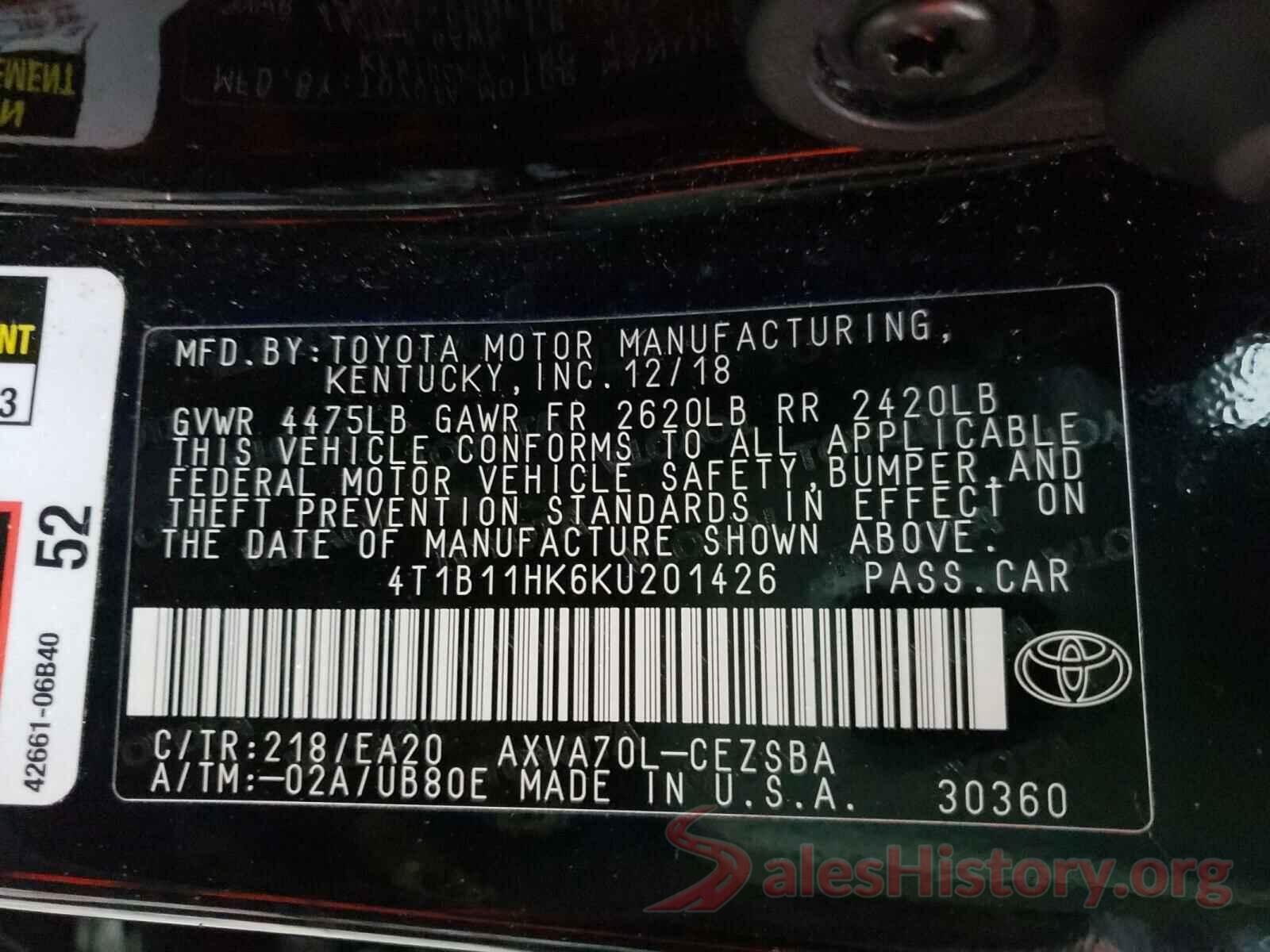 4T1B11HK6KU201426 2019 TOYOTA CAMRY