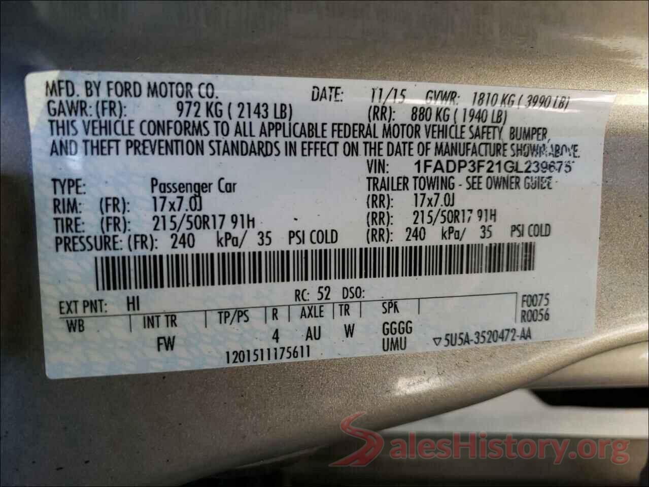 1FADP3F21GL239675 2016 FORD FOCUS