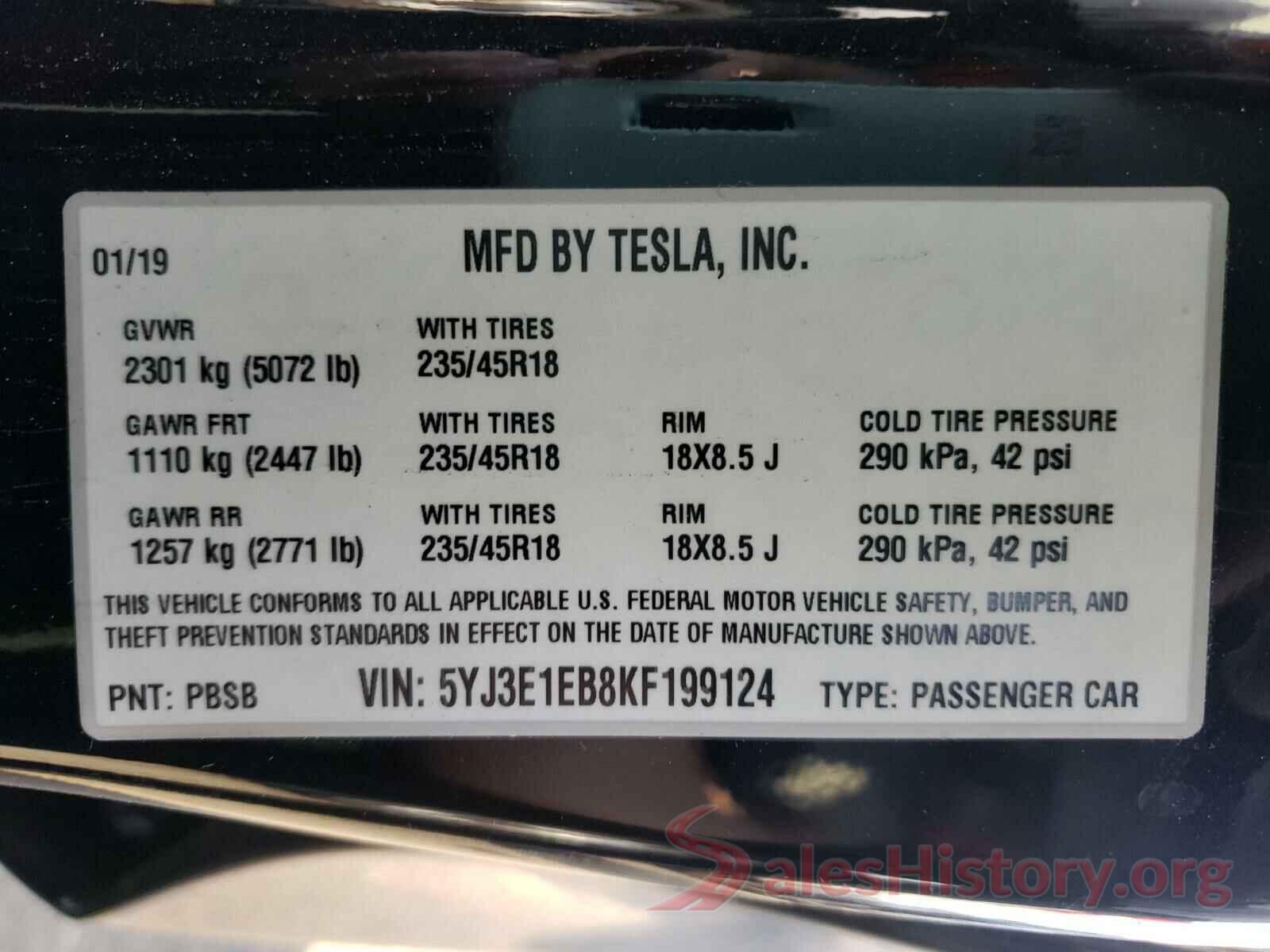 5YJ3E1EB8KF199124 2019 TESLA MODEL 3