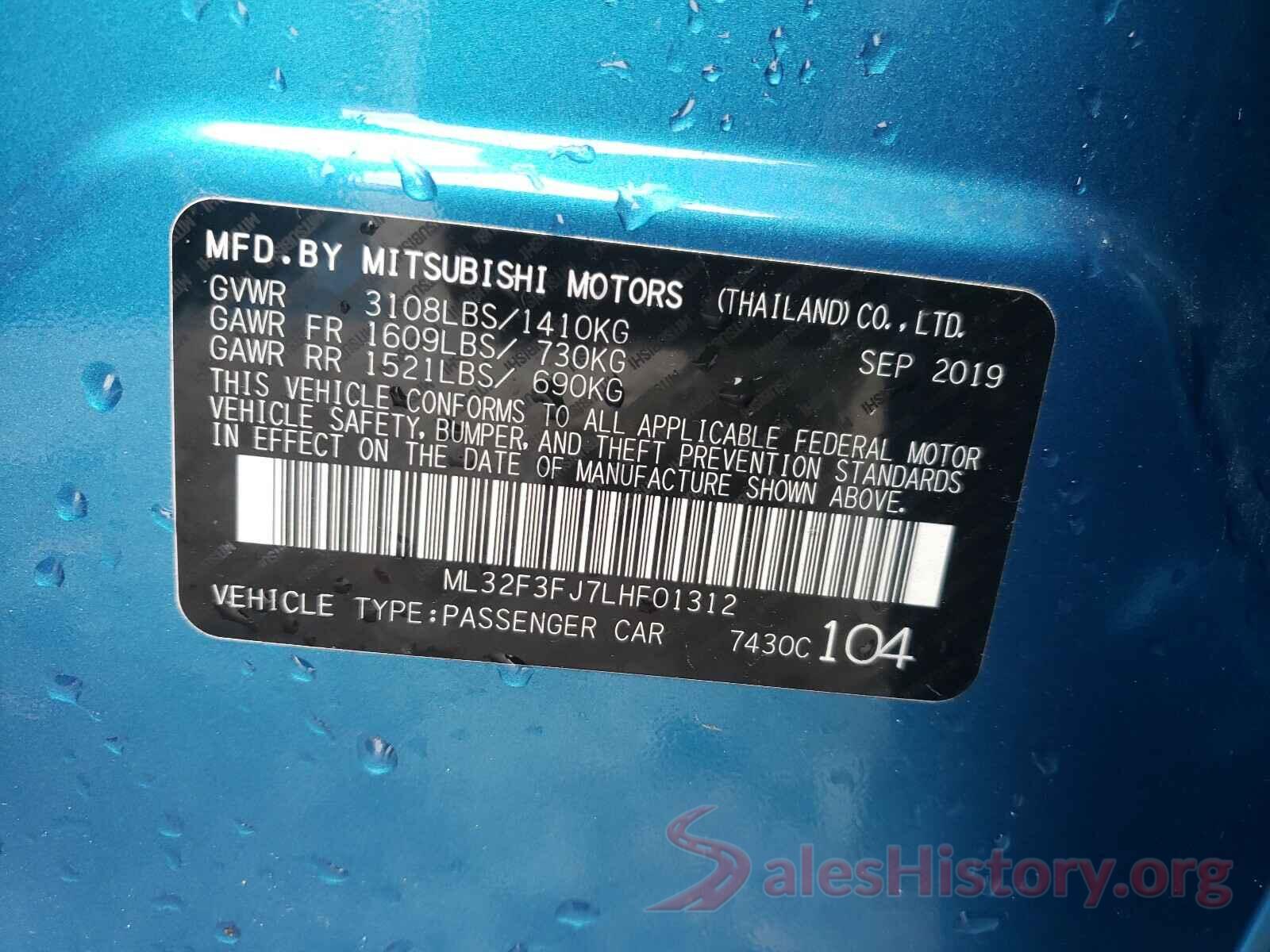 ML32F3FJ7LHF01312 2020 MITSUBISHI MIRAGE