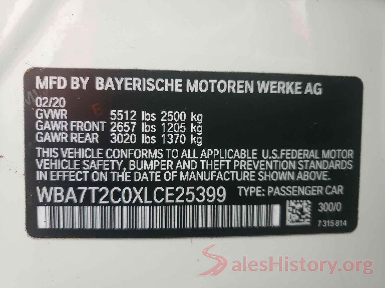 WBA7T2C0XLCE25399 2020 BMW 7 SERIES