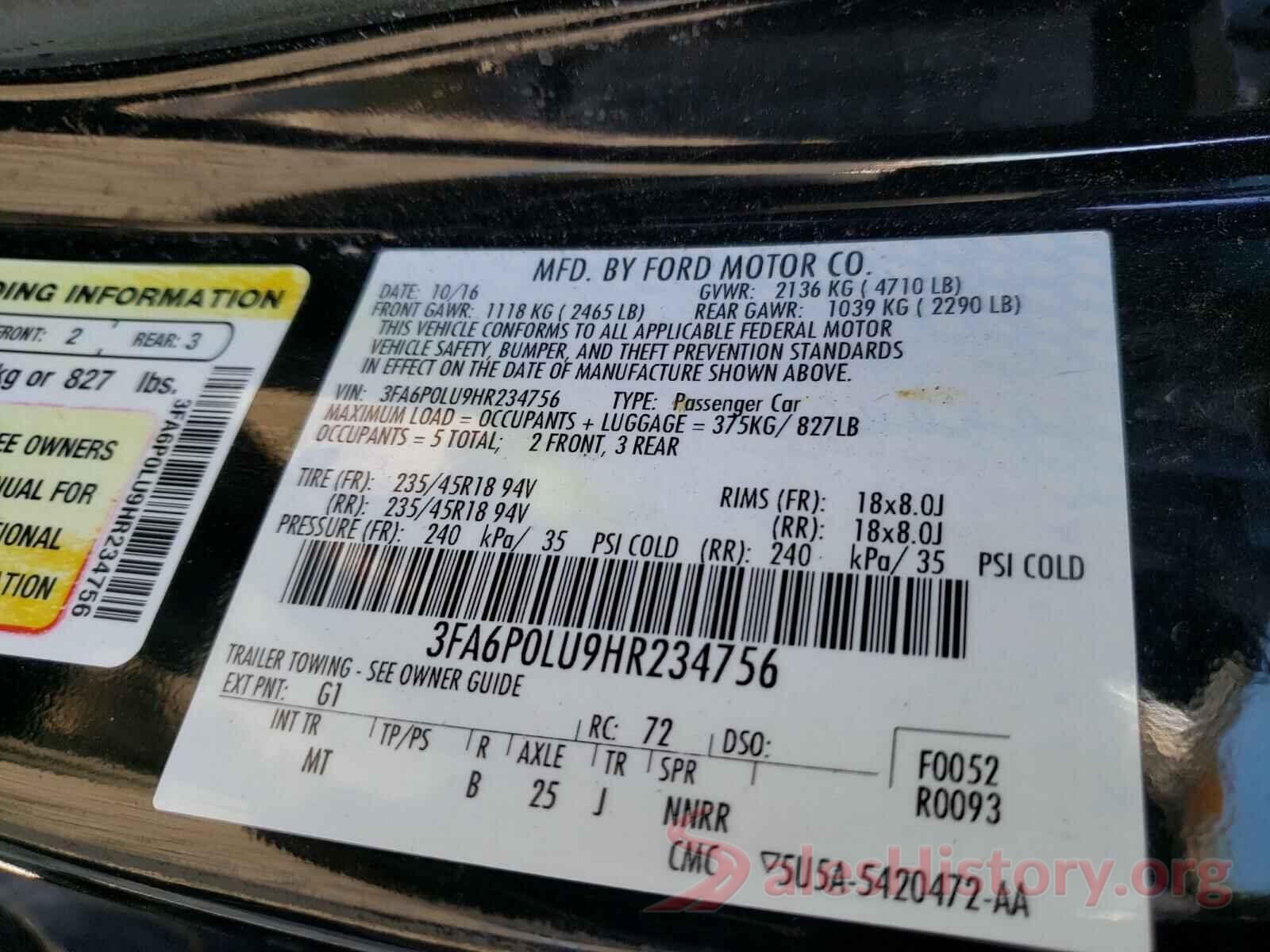 3FA6P0LU9HR234756 2017 FORD FUSION