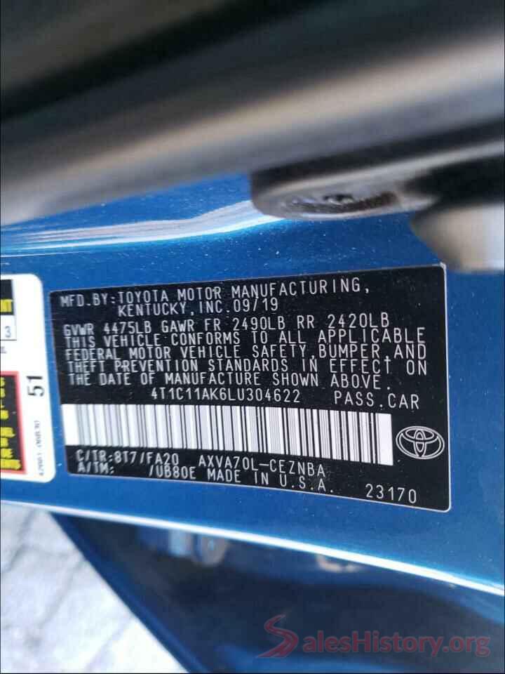 4T1C11AK6LU304622 2020 TOYOTA CAMRY