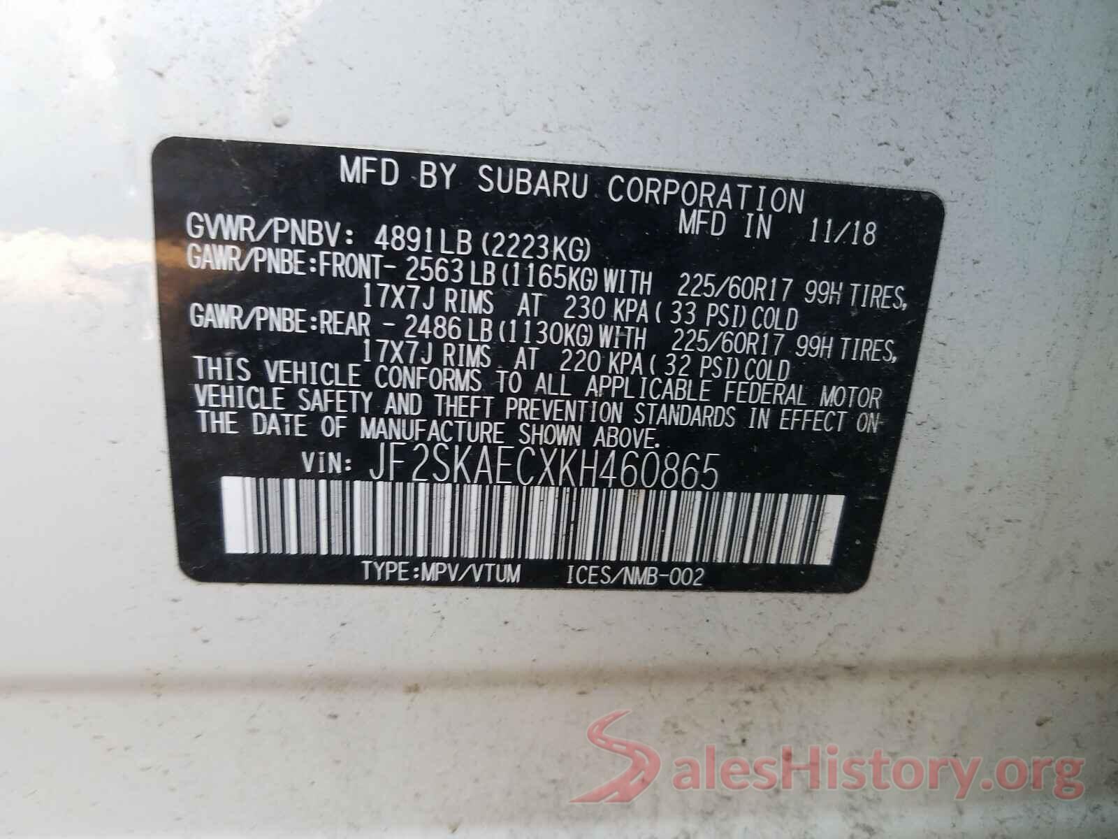 JF2SKAECXKH460865 2019 SUBARU FORESTER