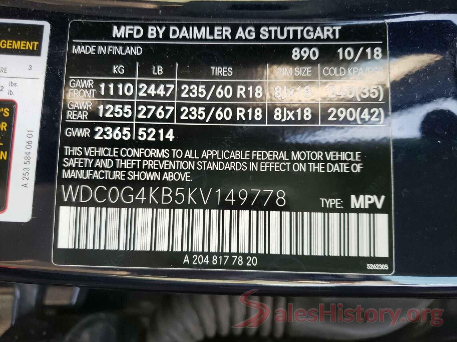 WDC0G4KB5KV149778 2019 MERCEDES-BENZ G CLASS