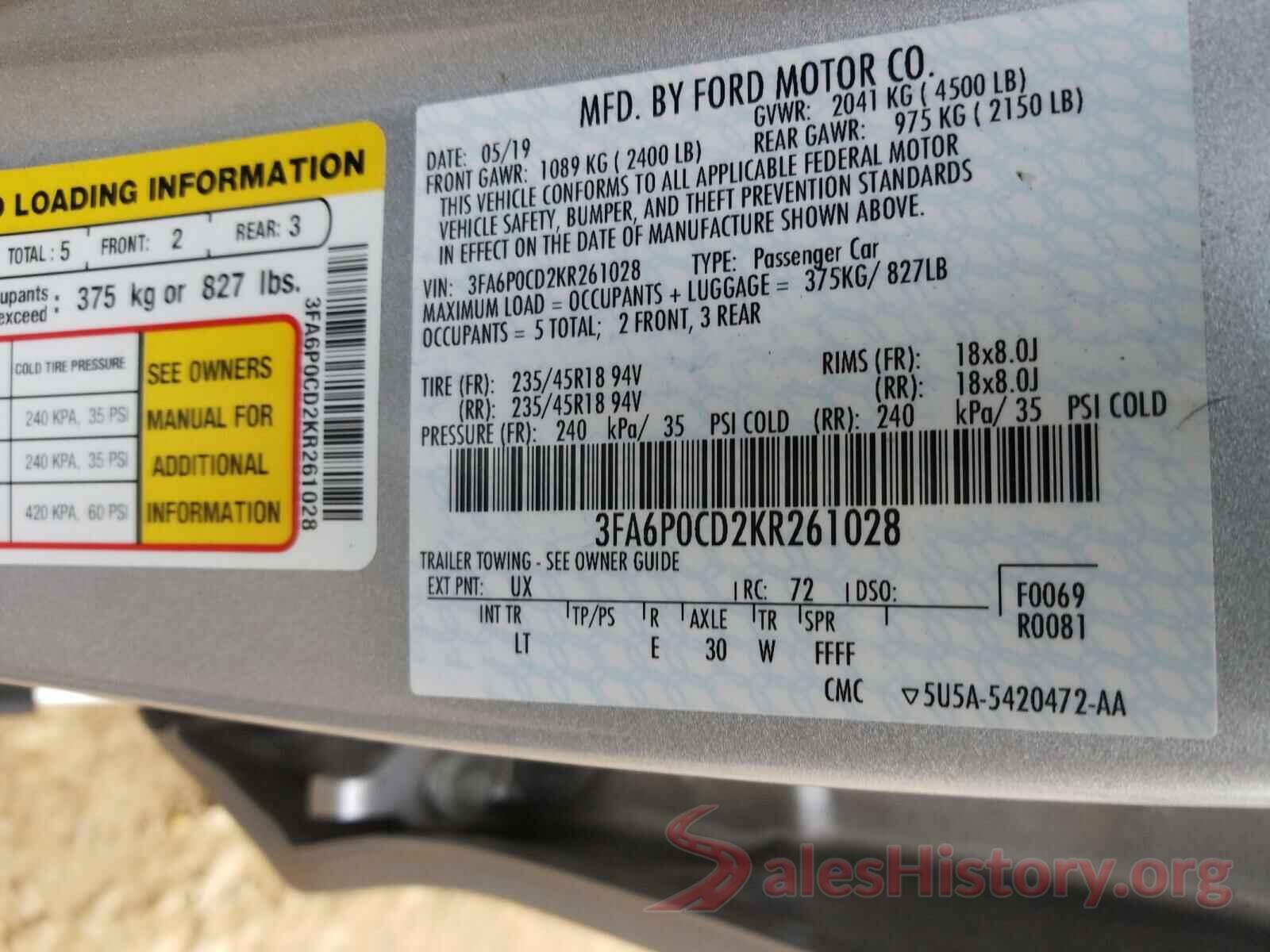 3FA6P0CD2KR261028 2019 FORD FUSION