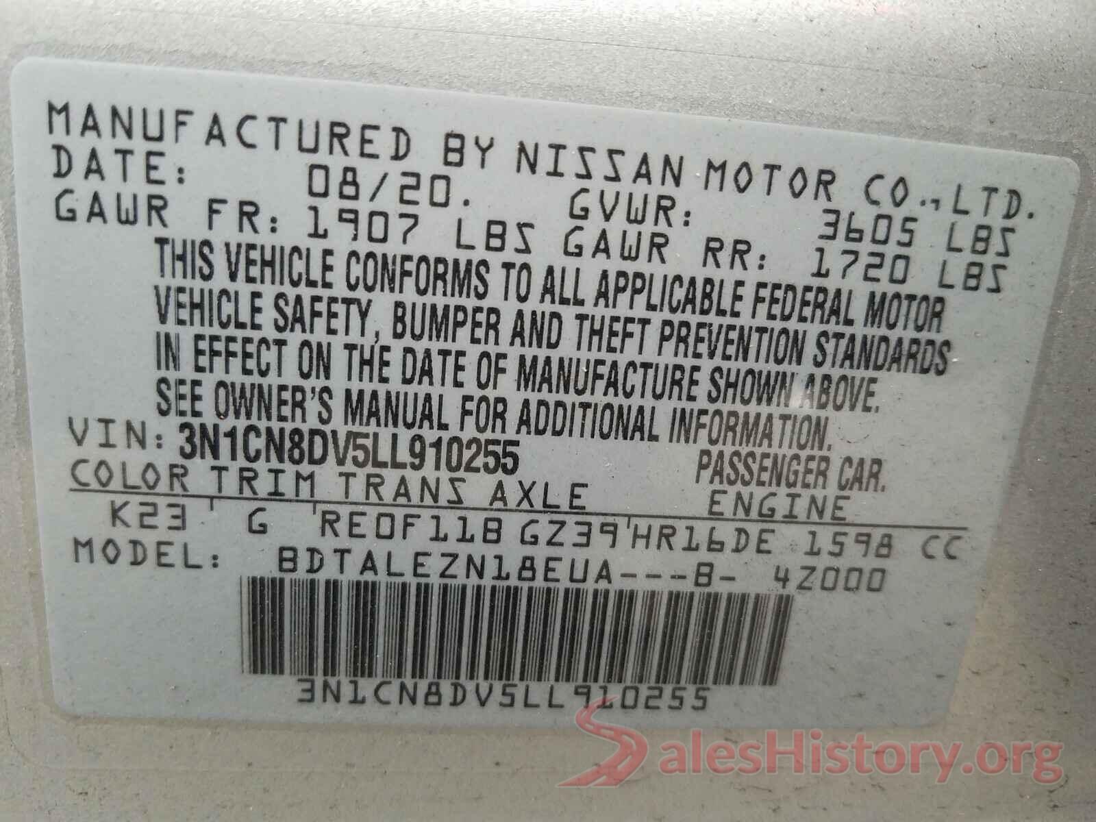 3N1CN8DV5LL910255 2020 NISSAN VERSA