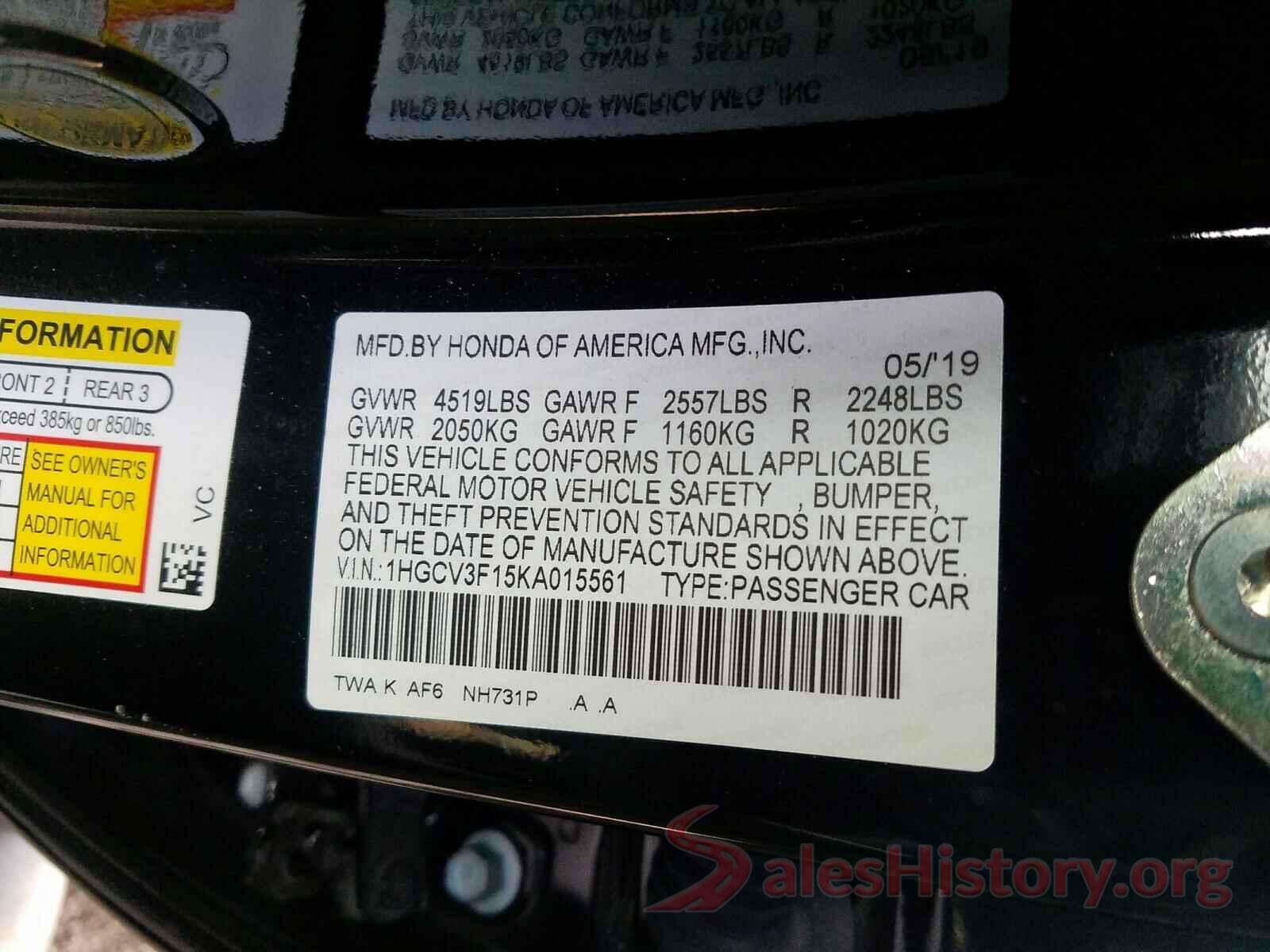 1HGCV3F15KA015561 2019 HONDA ACCORD