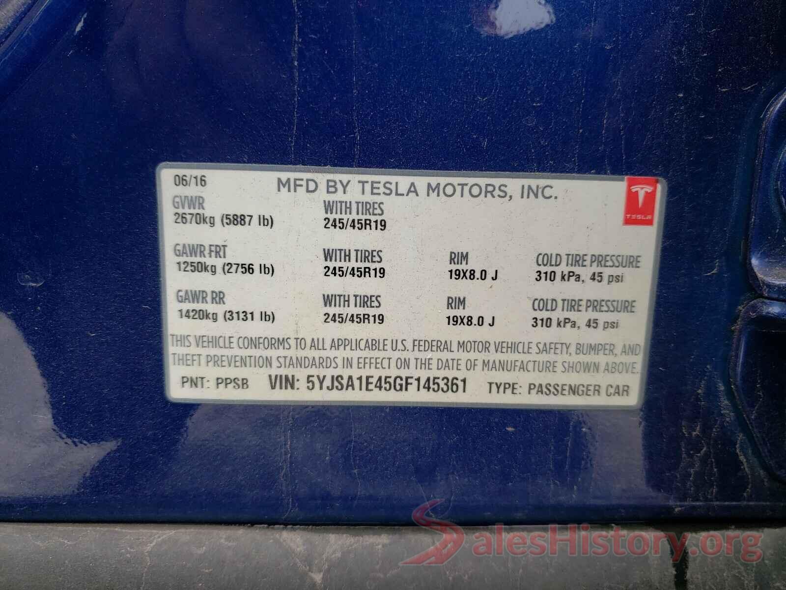 5YJSA1E45GF145361 2016 TESLA MODEL S