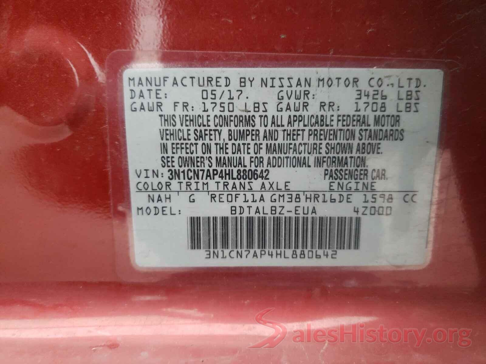 3N1CN7AP4HL880642 2017 NISSAN VERSA