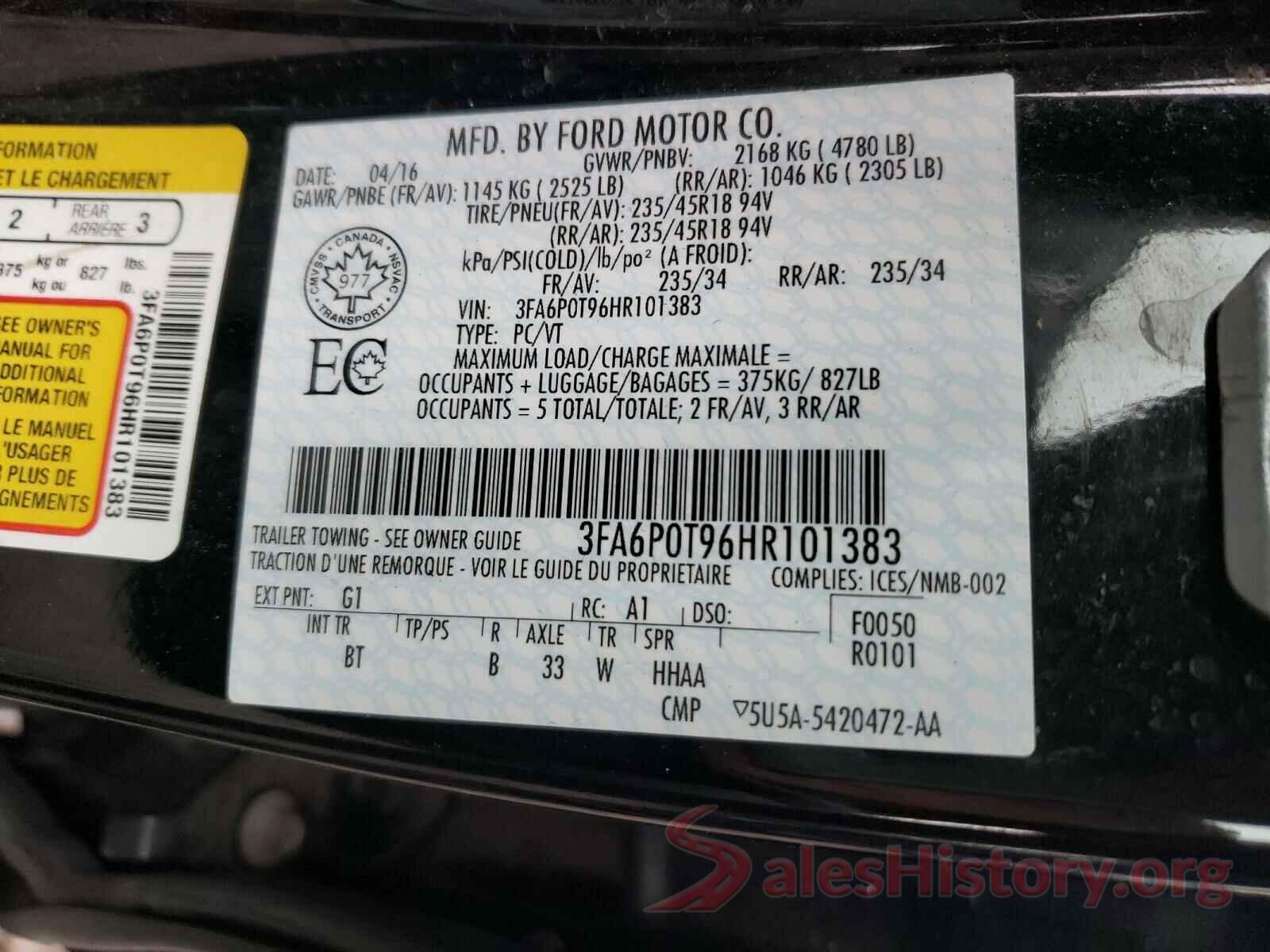 3FA6P0T96HR101383 2017 FORD FUSION