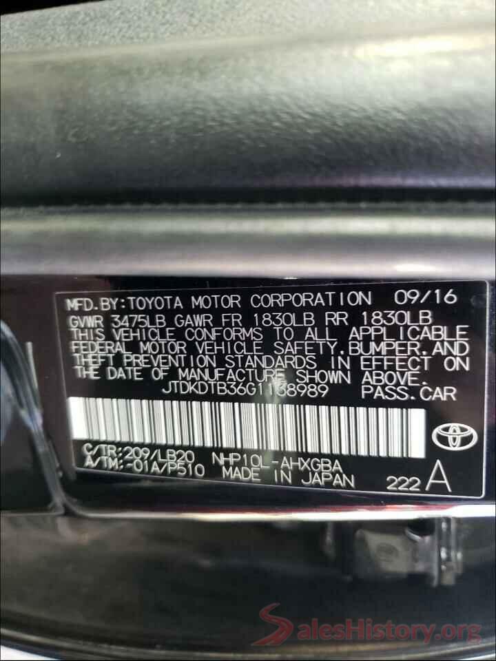 JTDKDTB36G1138989 2016 TOYOTA PRIUS