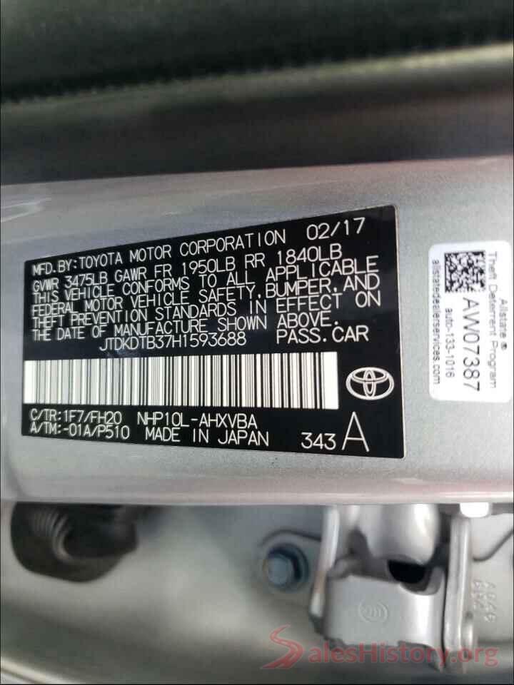 JTDKDTB37H1593688 2017 TOYOTA PRIUS