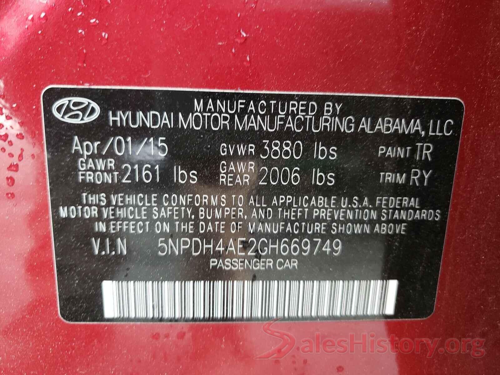 5NPDH4AE2GH669749 2016 HYUNDAI ELANTRA