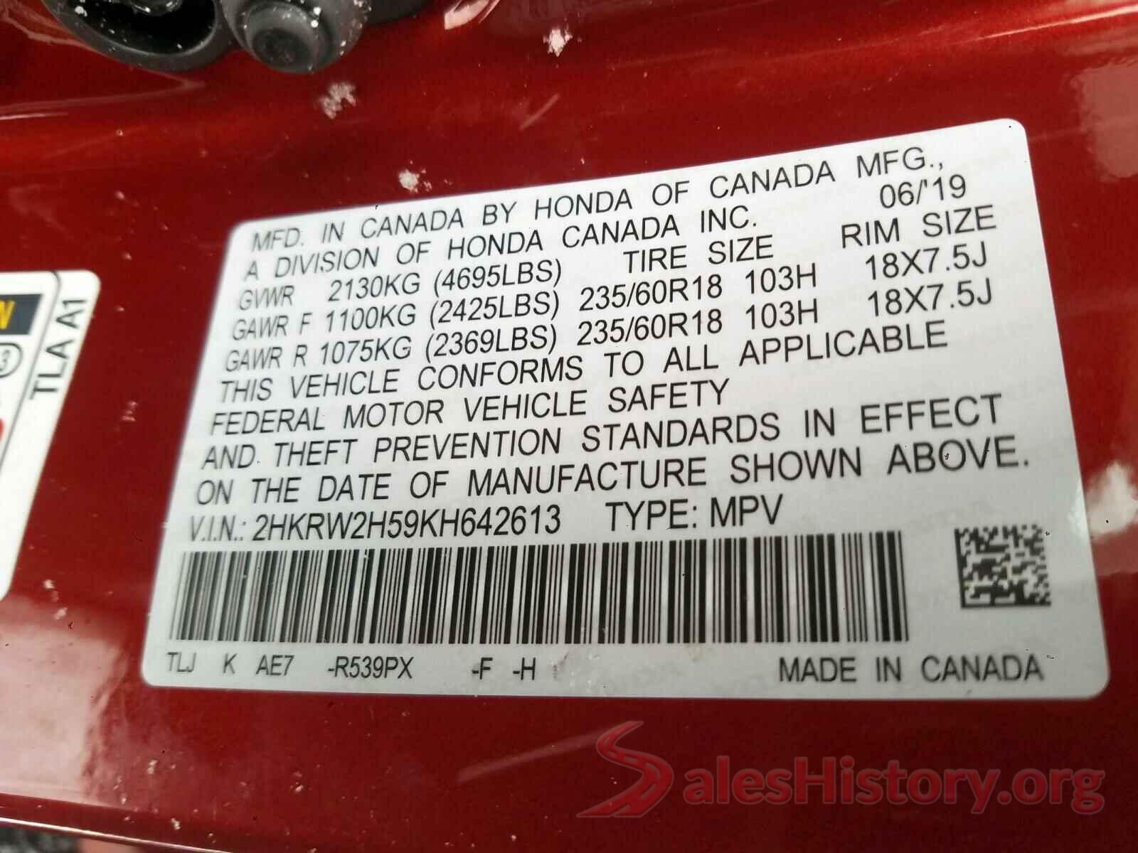 2HKRW2H59KH642613 2019 HONDA CR-V EX