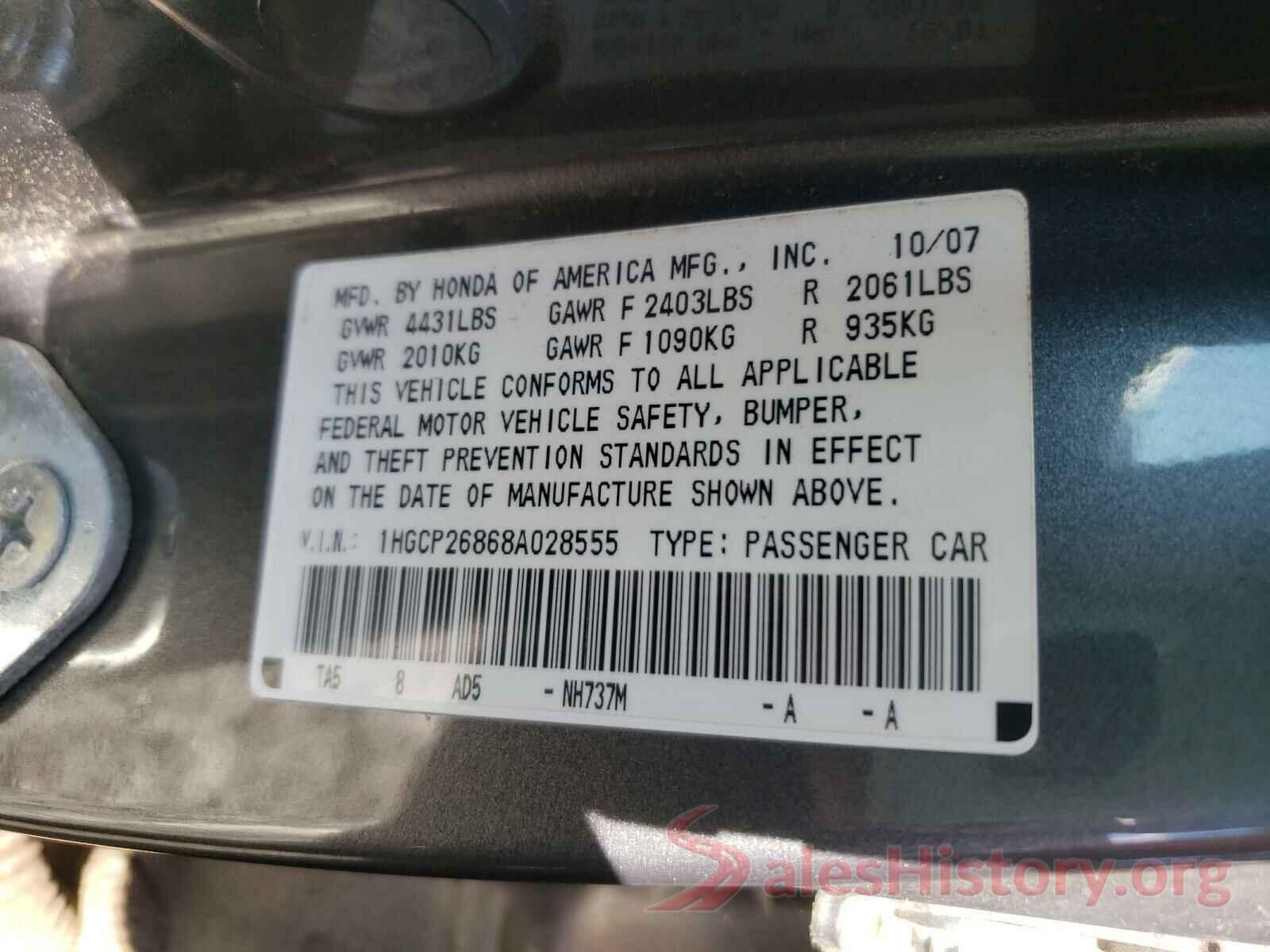 3VWL17AJ1GM213716 2008 HONDA ACCORD