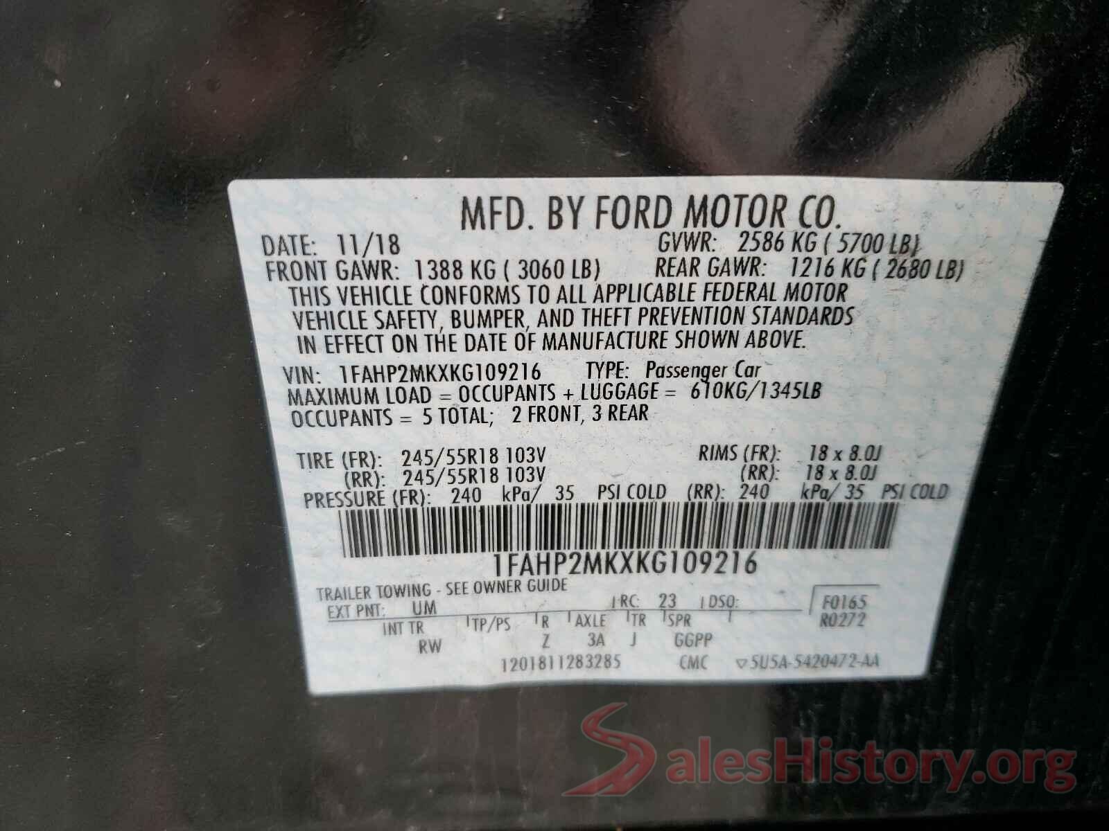 1FAHP2MKXKG109216 2019 FORD TAURUS