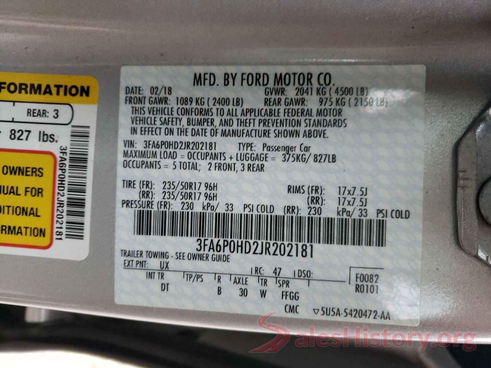 3FA6P0HD2JR202181 2018 FORD FUSION