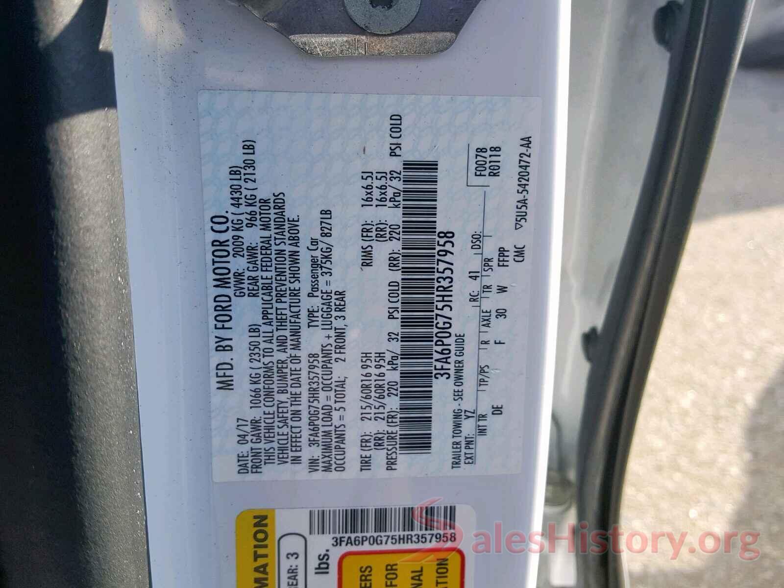 3FA6P0G75HR357958 2017 FORD FUSION