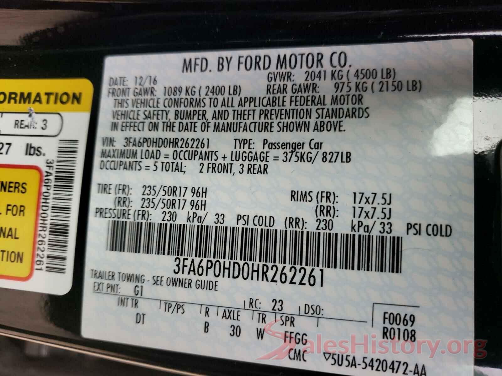 3FA6P0HD0HR262261 2017 FORD FUSION