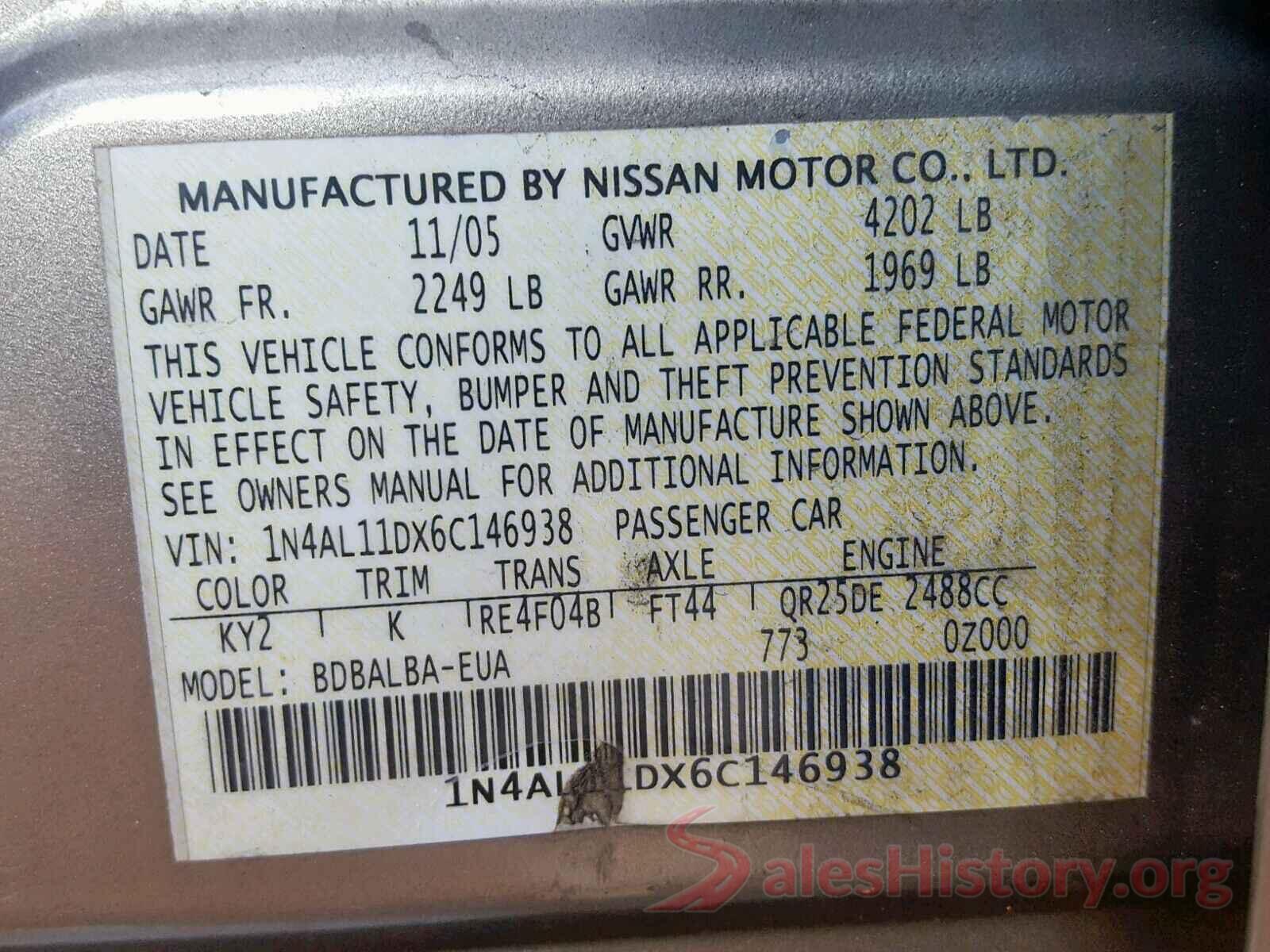 JTMBFREVXGJ093940 2006 NISSAN ALTIMA S