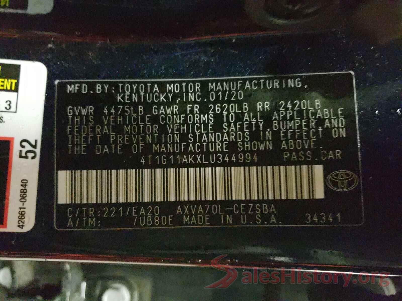 4T1G11AKXLU344994 2020 TOYOTA CAMRY