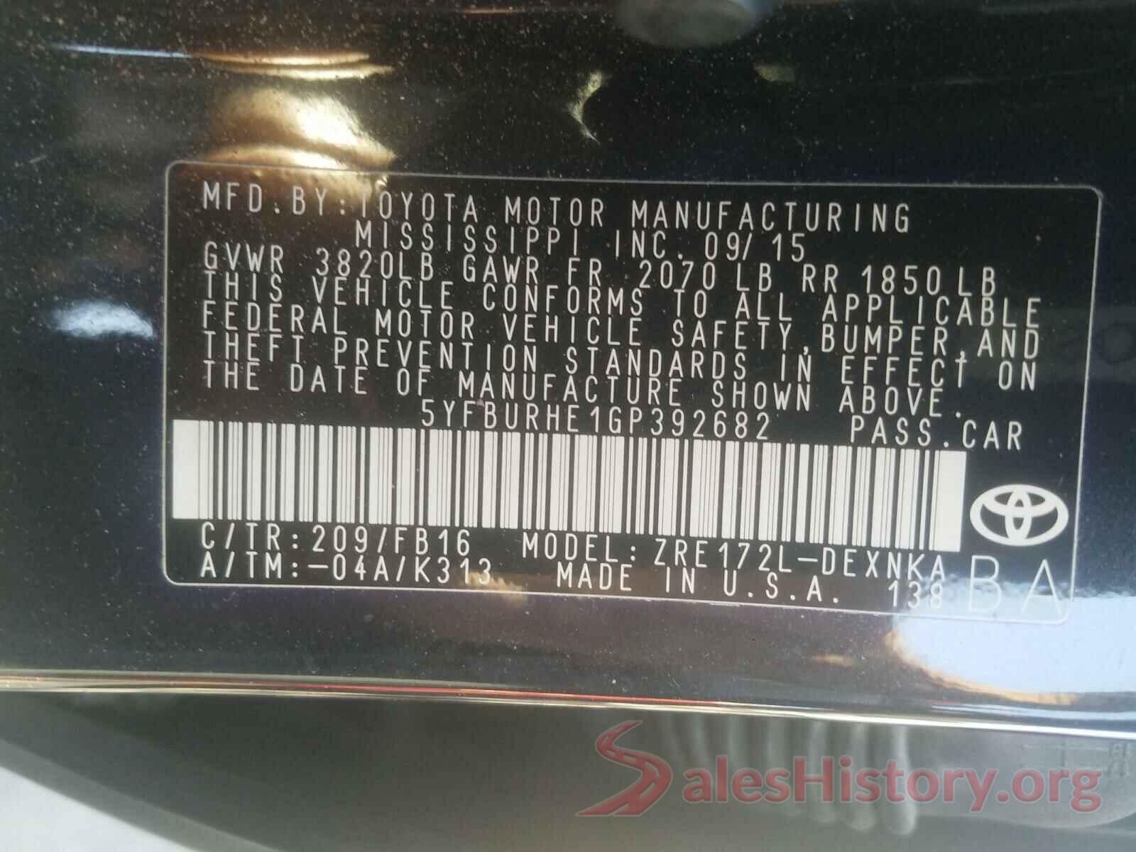 5YFBURHE1GP392682 2016 TOYOTA COROLLA