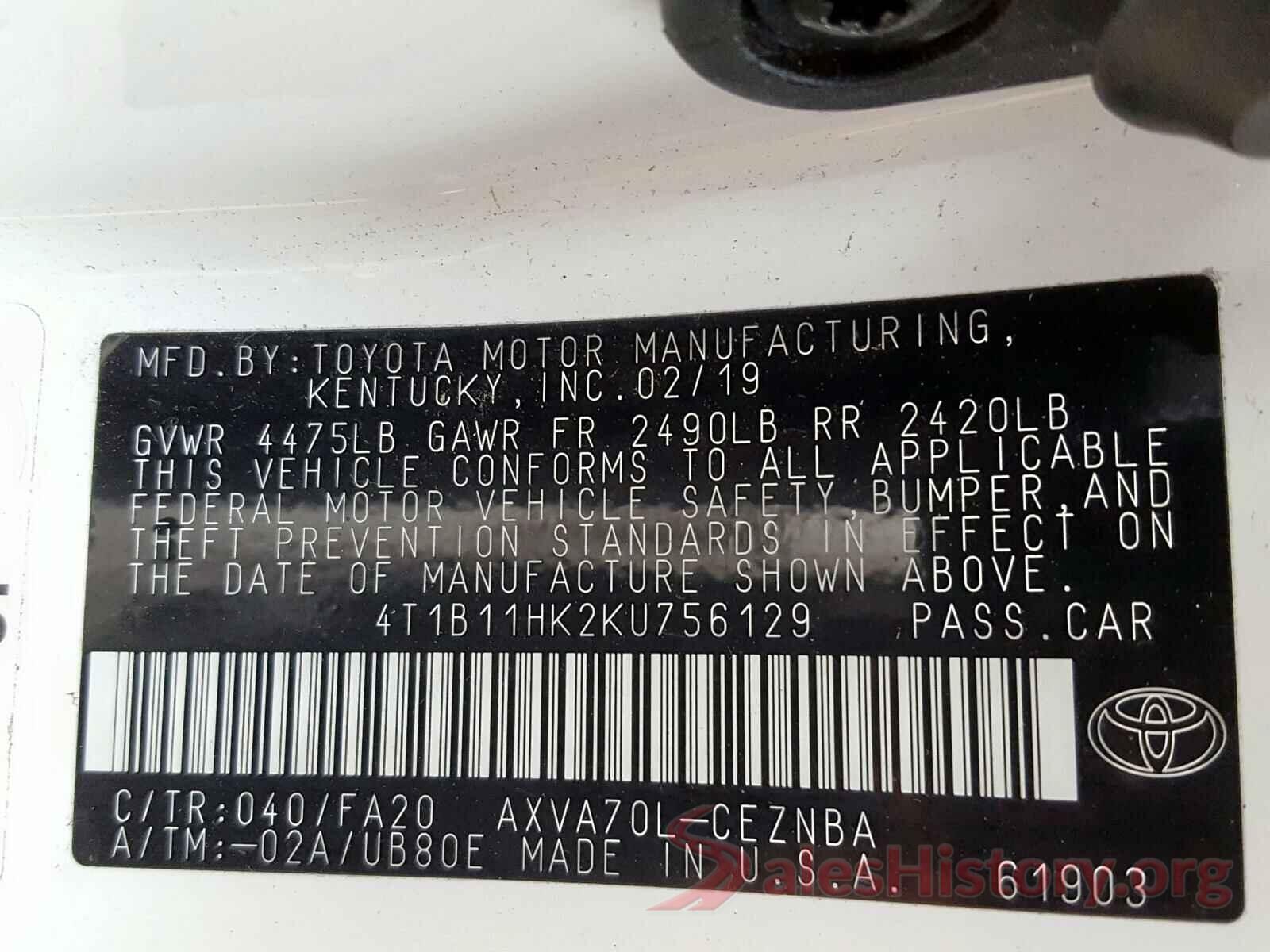 4T1B11HK2KU756129 2019 TOYOTA CAMRY