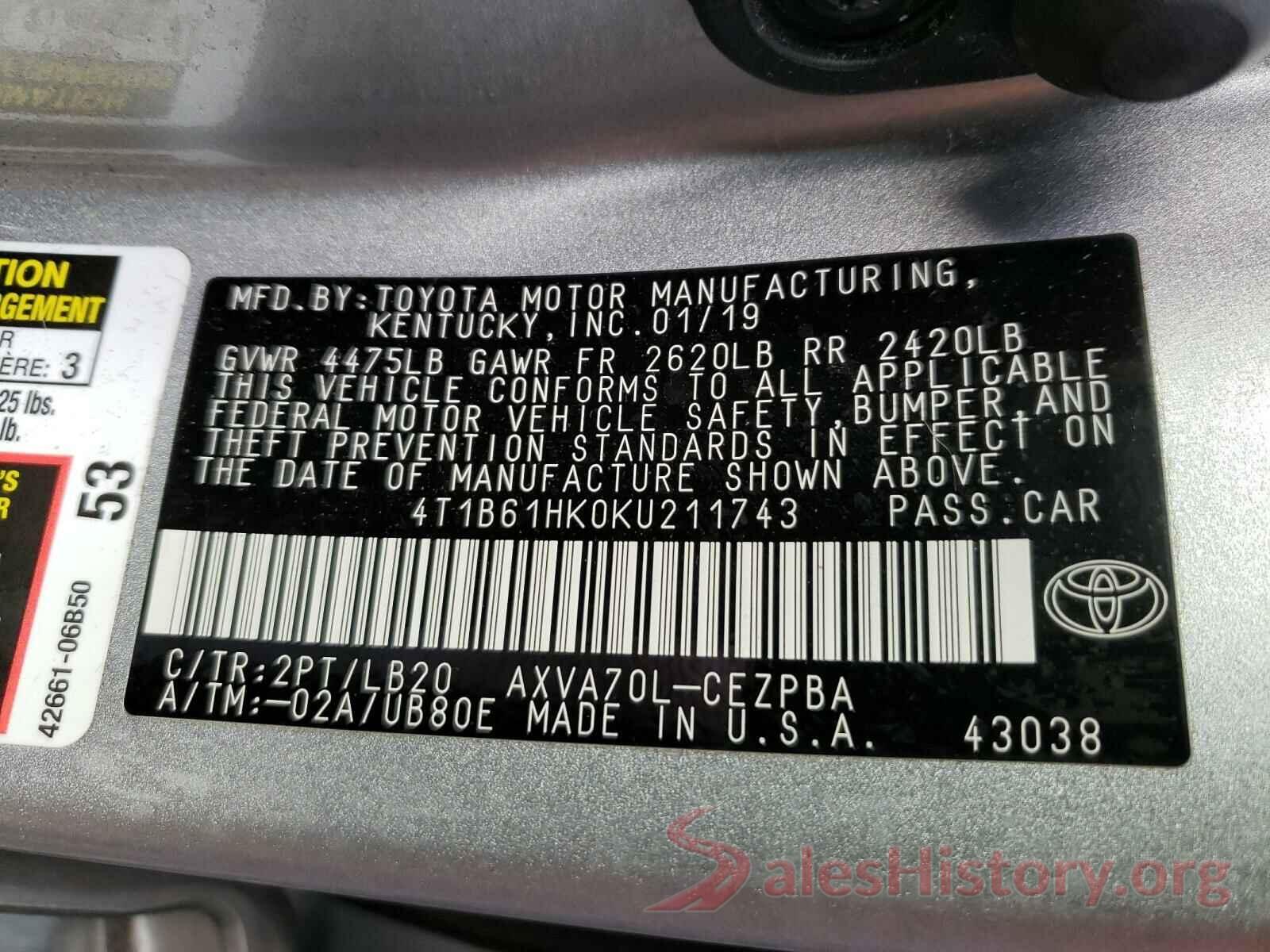 4T1B61HK0KU211743 2019 TOYOTA CAMRY