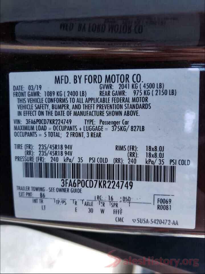 3FA6P0CD7KR224749 2019 FORD FUSION