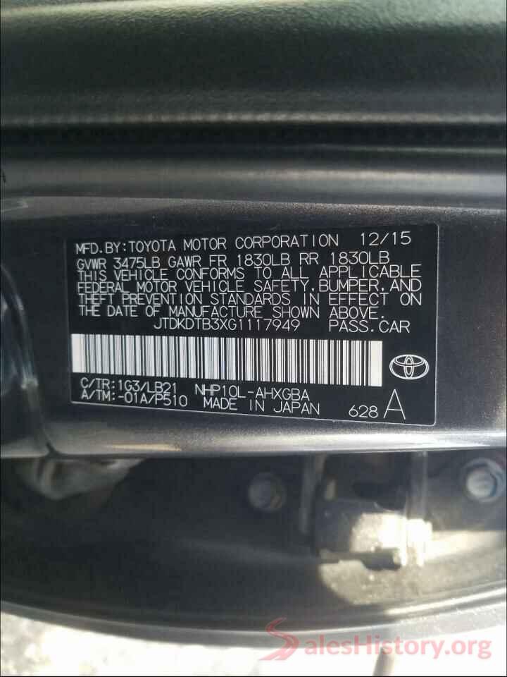 JTDKDTB3XG1117949 2016 TOYOTA PRIUS