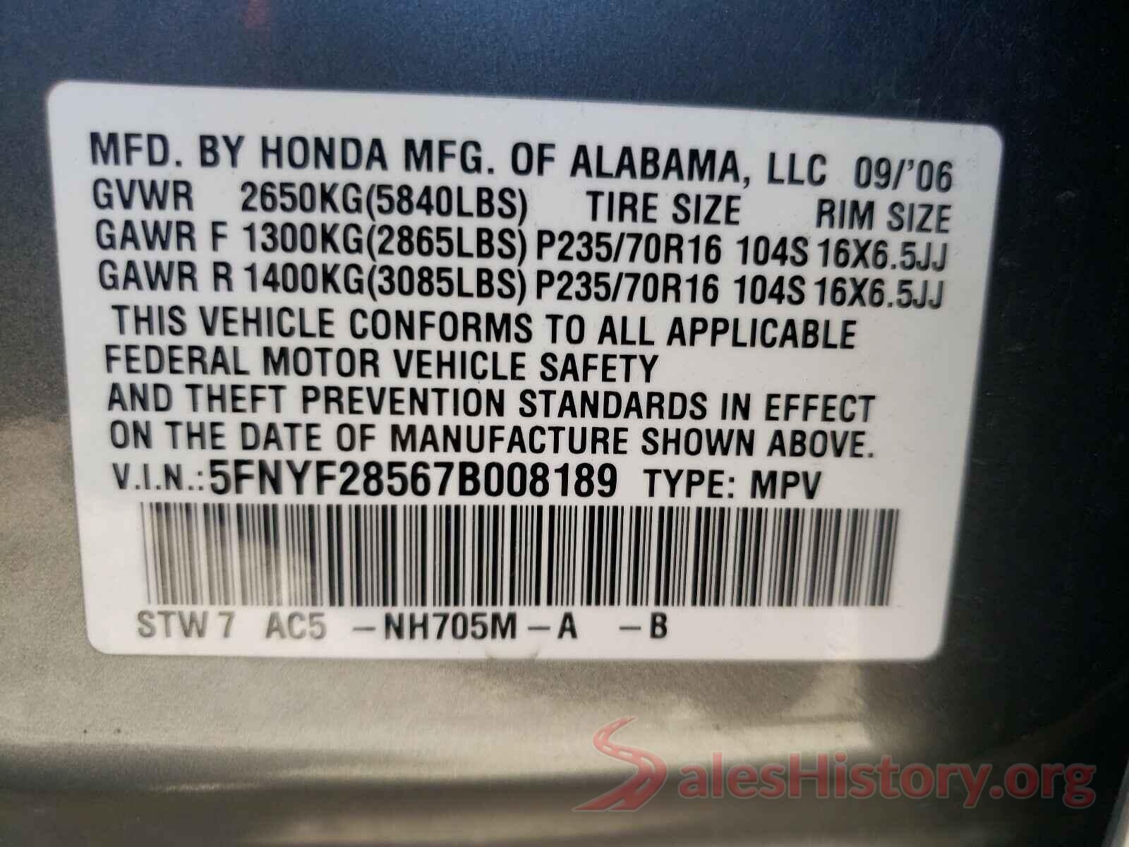 5NPD84LF9KH419066 2007 HONDA PILOT