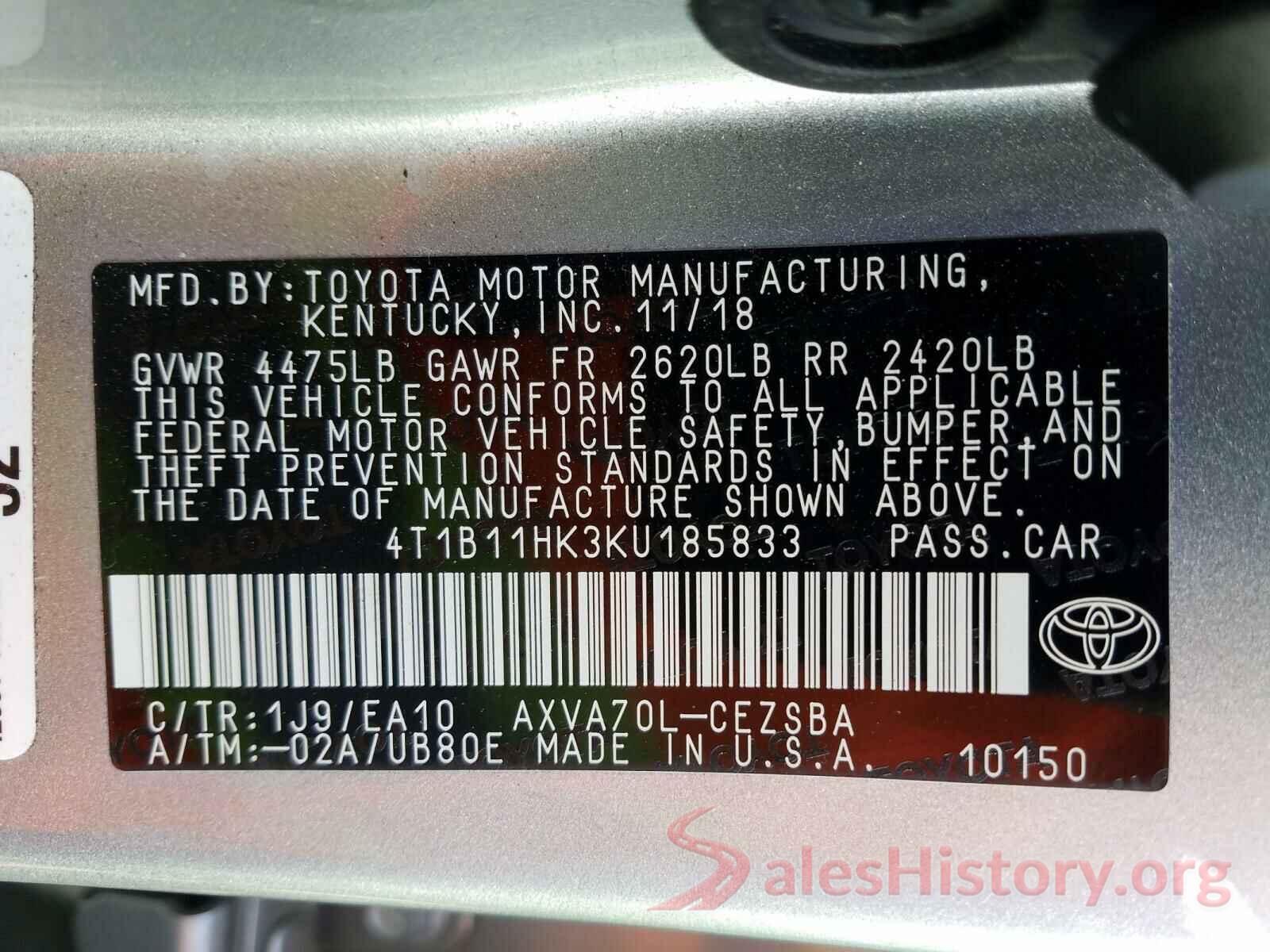 4T1B11HK3KU185833 2019 TOYOTA CAMRY