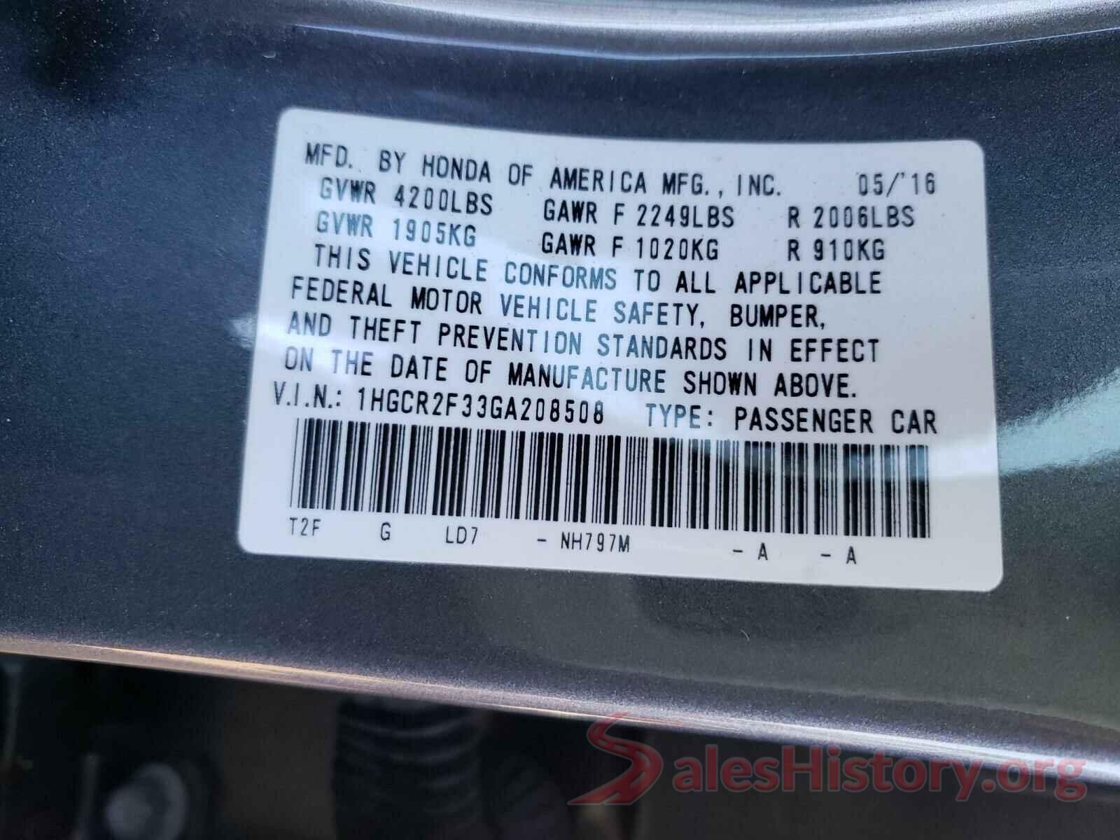 1HGCR2F33GA208508 2016 HONDA ACCORD