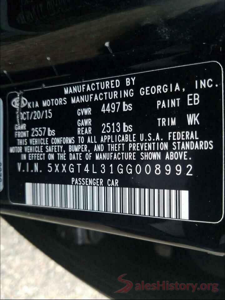 5XXGT4L31GG008992 2016 KIA OPTIMA