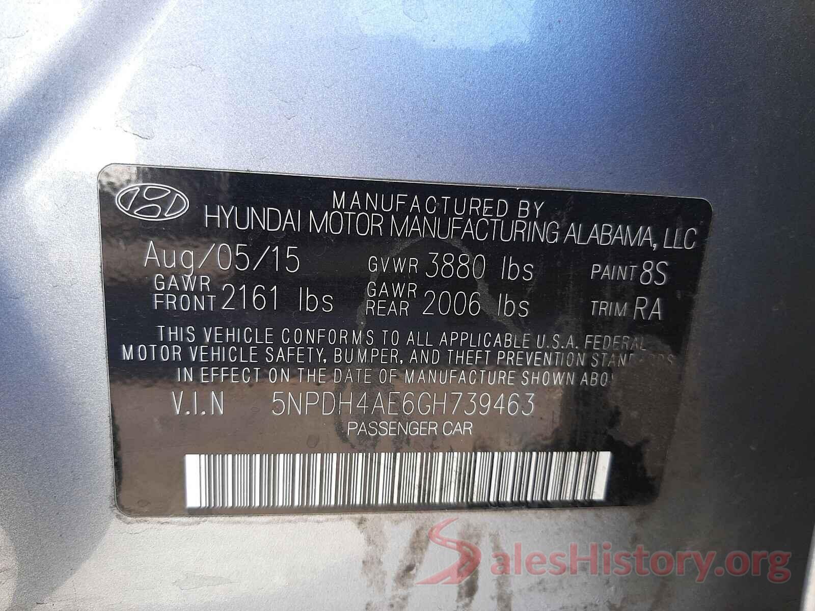 5NPDH4AE6GH739463 2016 HYUNDAI ELANTRA