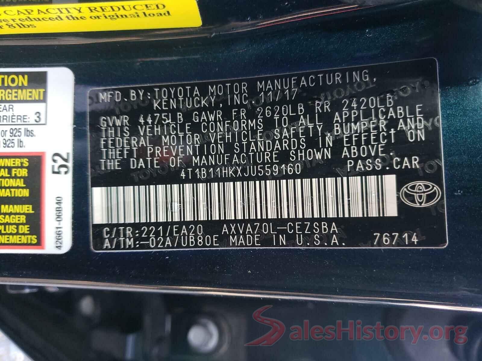 4T1B11HKXJU559160 2018 TOYOTA CAMRY