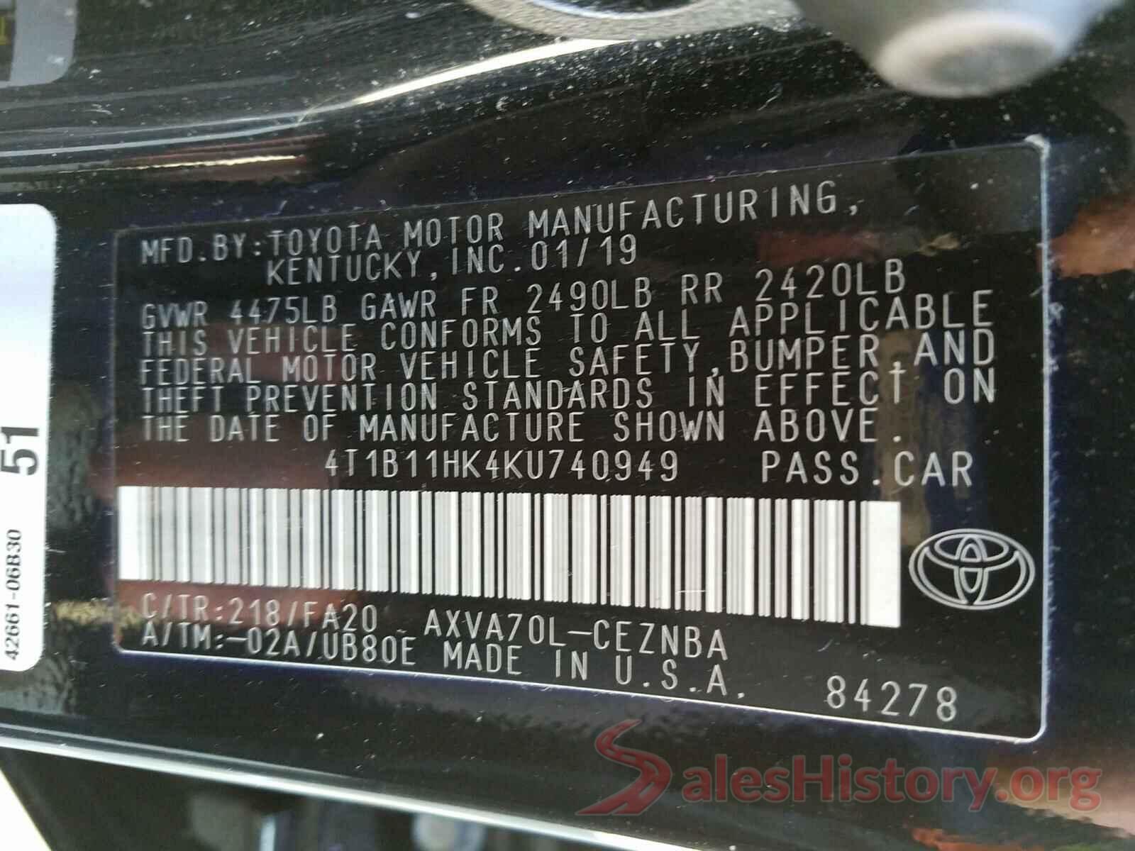 4T1B11HK4KU740949 2019 TOYOTA CAMRY