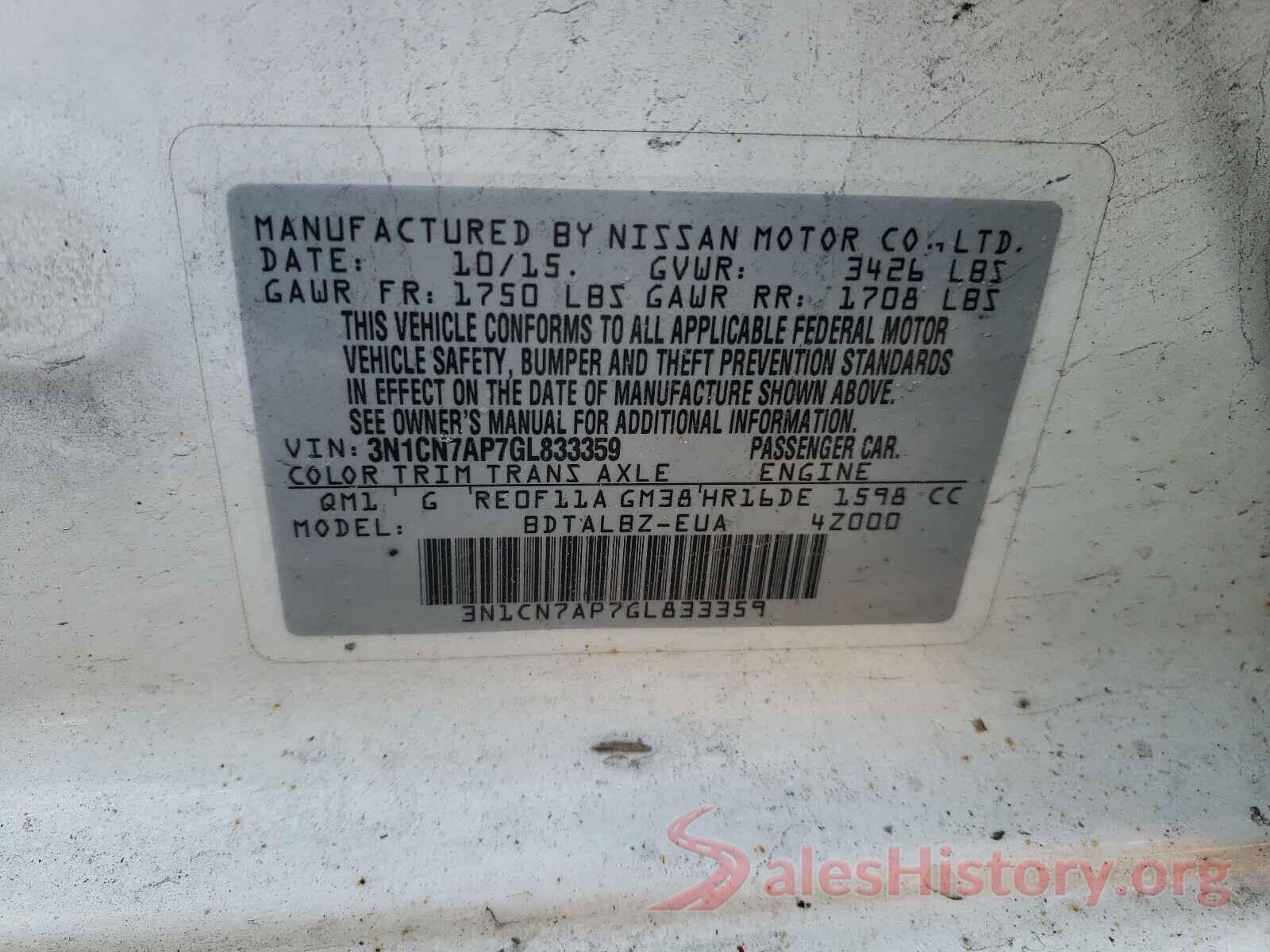 3N1CN7AP7GL833359 2016 NISSAN VERSA