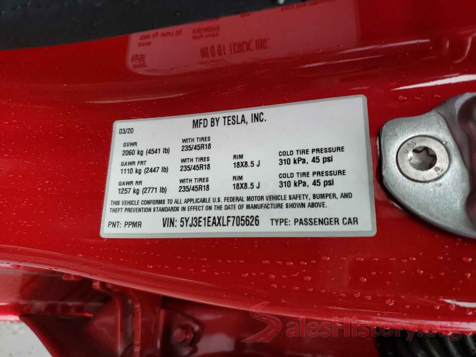 5YJ3E1EAXLF705626 2020 TESLA MODEL 3