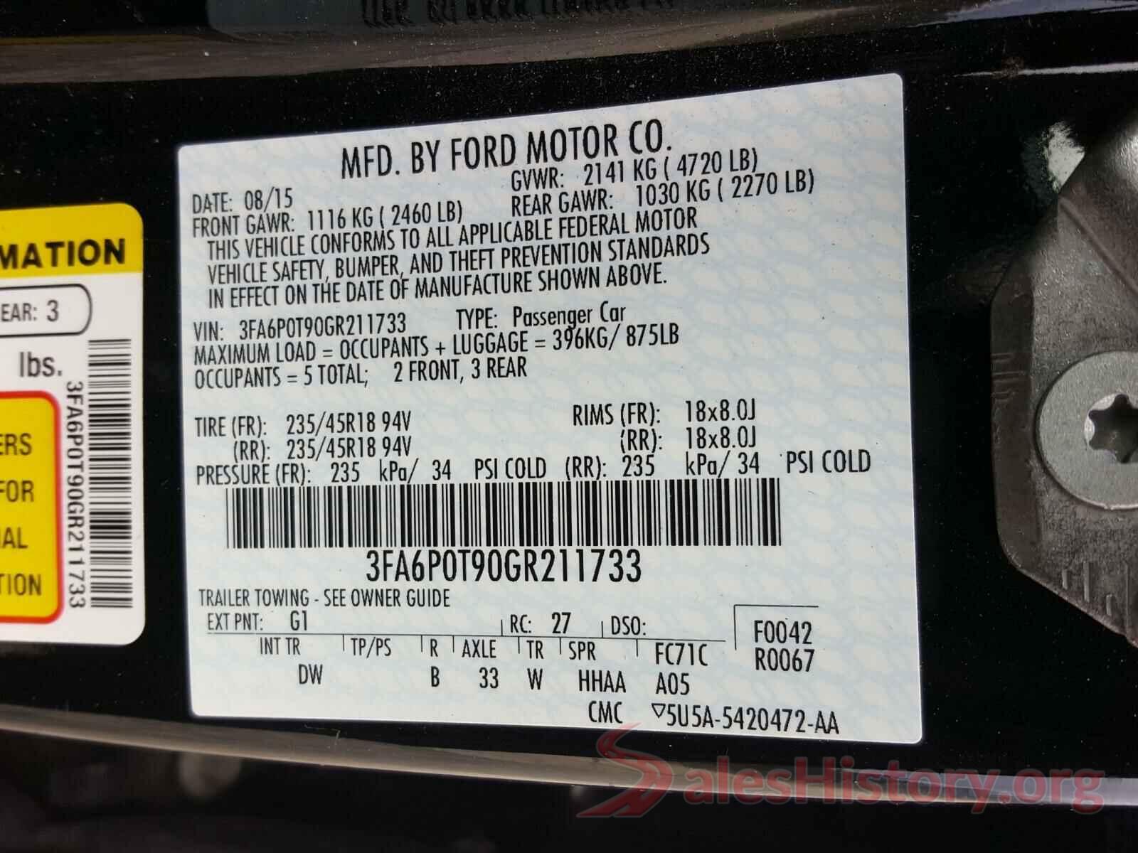 3FA6P0T90GR211733 2016 FORD FUSION