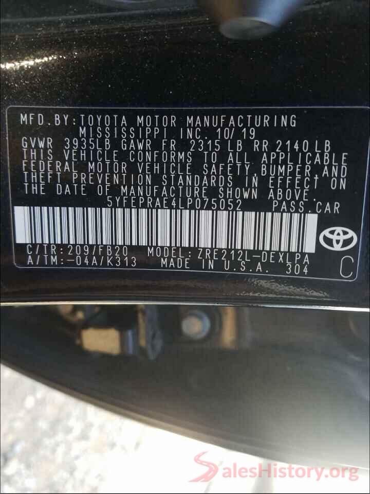 5YFEPRAE4LP075052 2020 TOYOTA COROLLA