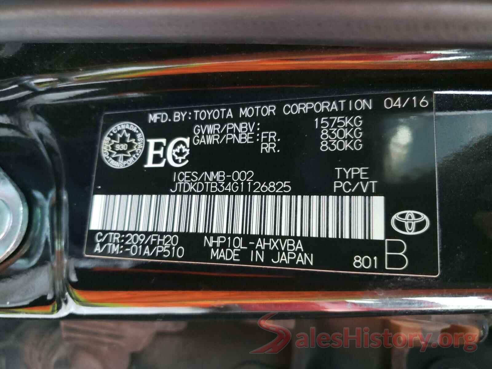 JTDKDTB34G1126825 2016 TOYOTA PRIUS