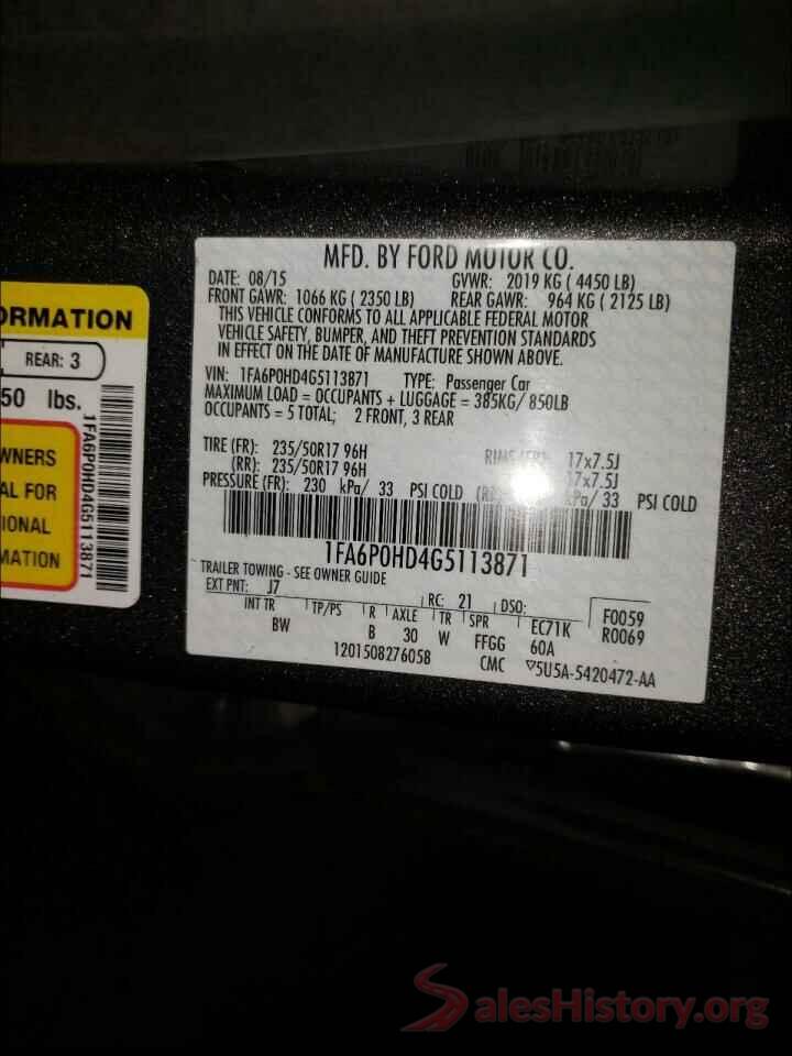 1FA6P0HD4G5113871 2016 FORD FUSION