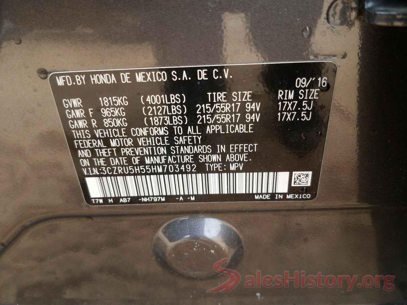 3CZRU5H55HM703492 2017 HONDA HR-V